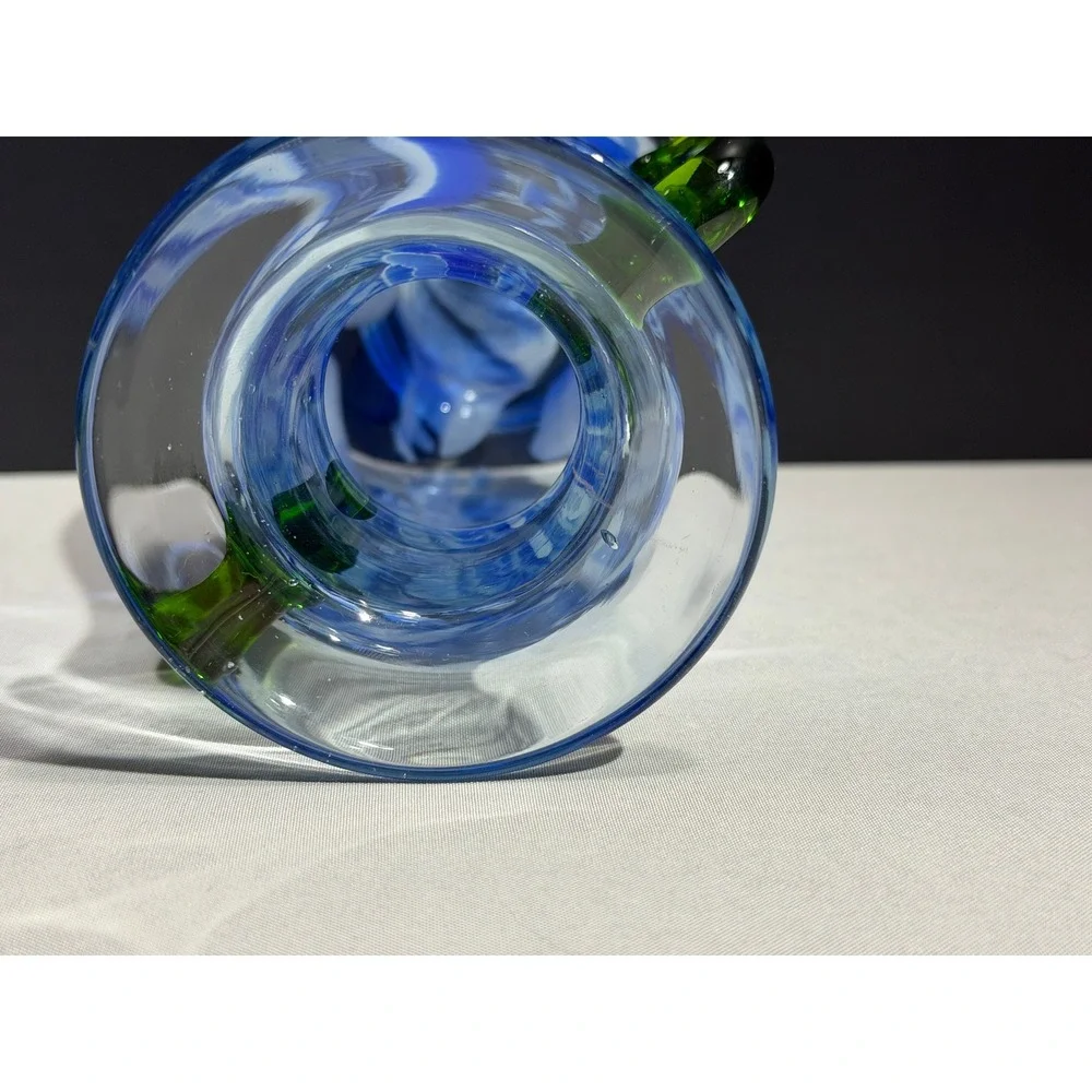Pier 1 Imports Blue white Swirl Hand Blown Glass Vase with Green Handles
